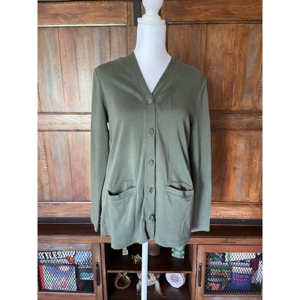 Lands End Women Size X-Small V-Neck‎ Cardigan Sweater Sage Green 100% Cotton